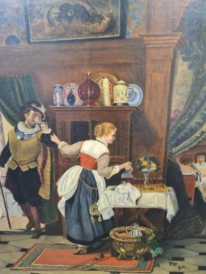 Discover a captivating 19th-century oil painting showcasing servants in a secretive drink session. Get lost in its rich history and intricate details. Visit now and make it yours!