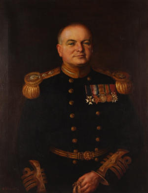 G. Hallsmith, portrait study of Cpt. J.E.G. Cunningham RN in full naval uniform with medals, signed oil on canvas, 90cm x 70cm.