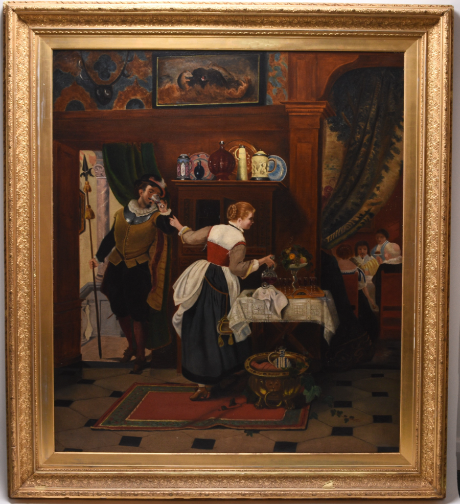 Discover a captivating 19th-century oil painting showcasing servants in a secretive drink session. Get lost in its rich history and intricate details. Visit now and make it yours!