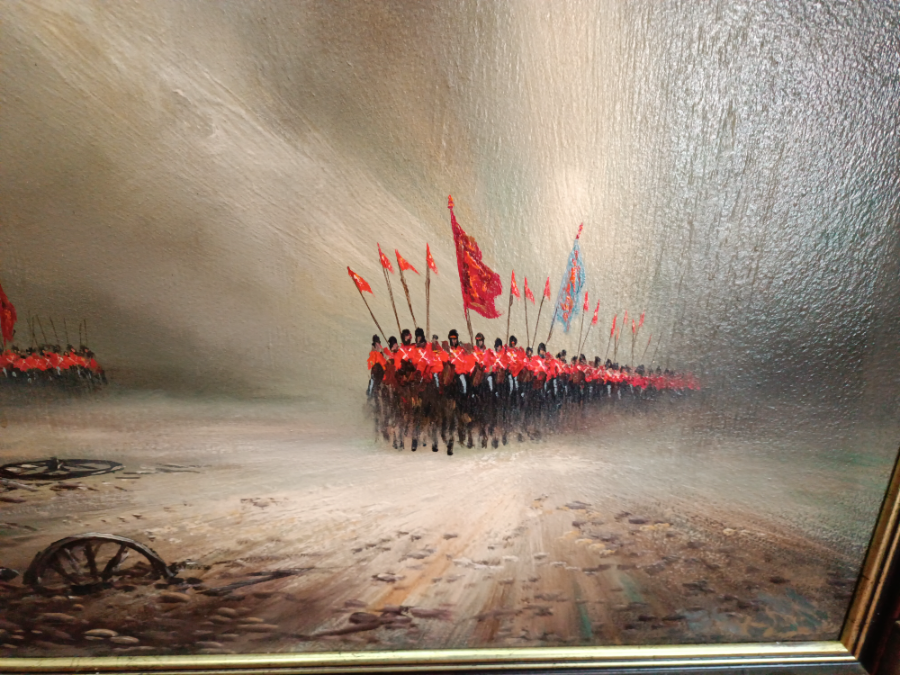Explore our collection of 20th-century oil on board paintings. Featuring an unsigned piece with Cavalry soldiers on a battlefield setting. Measures 70 x 55.5 cm. Shop now!