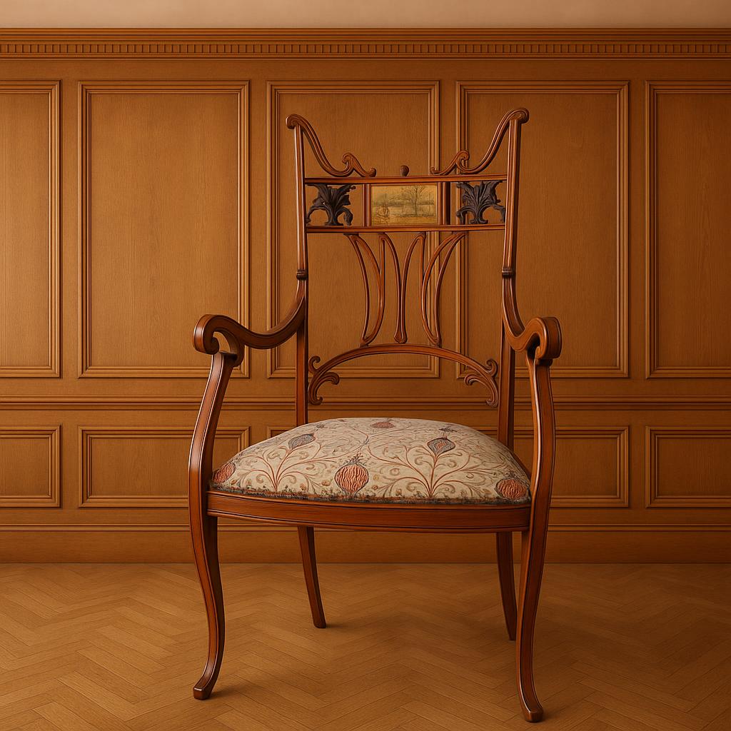 Discover our rare Jugendstil mahogany chair, boasting 19-20th century design and inlaid detail. Feel history with our period fabric upholstery. Shop now!