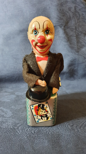Rare 1950's Mechanical / Clockwork Tinplate Clown Magician