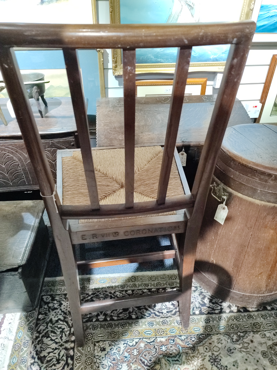 Explore our exclusive collection of Edward VII Mahogany Chairs, used at the 1902 coronation. In good condition, despite a small chip. Buy now!