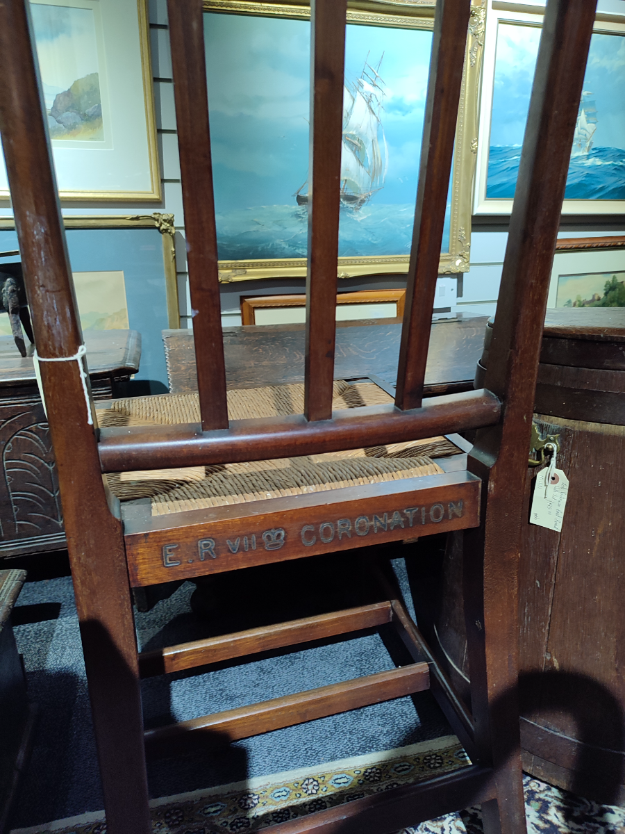 Explore our exclusive collection of Edward VII Mahogany Chairs, used at the 1902 coronation. In good condition, despite a small chip. Buy now!