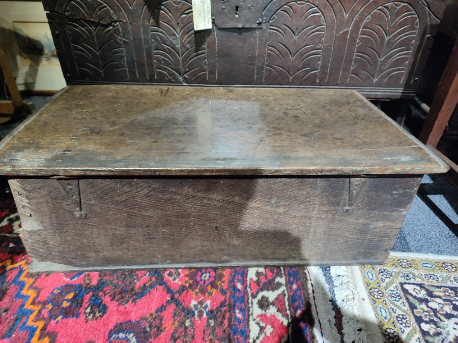 Discover our small 17th century oak bible box, perfect for storage. Dimensions: 67cm W x 38cm D x 25cm H. Shop now for vintage elegance!