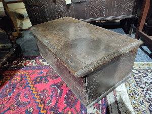 Discover our small 17th century oak bible box, perfect for storage. Dimensions: 67cm W x 38cm D x 25cm H. Shop now for vintage elegance!