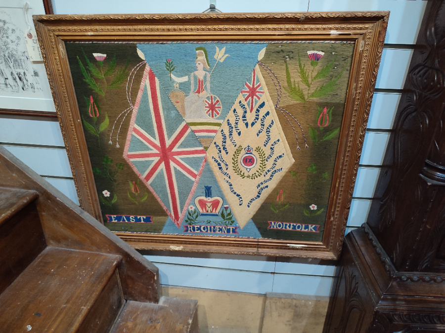 Explore our collection of pre-1901 embroidered tapestries, like the unique East Norfolk Anglo Boer War piece. Size: 78 X 69 inches. Shop now!