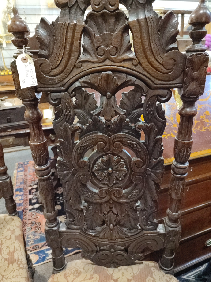 Discover our collection of Victorian Carolean-style oak chairs. Upholstered seats, 50-inch high backs. Shop now to enhance your living space. Top-notch quality.