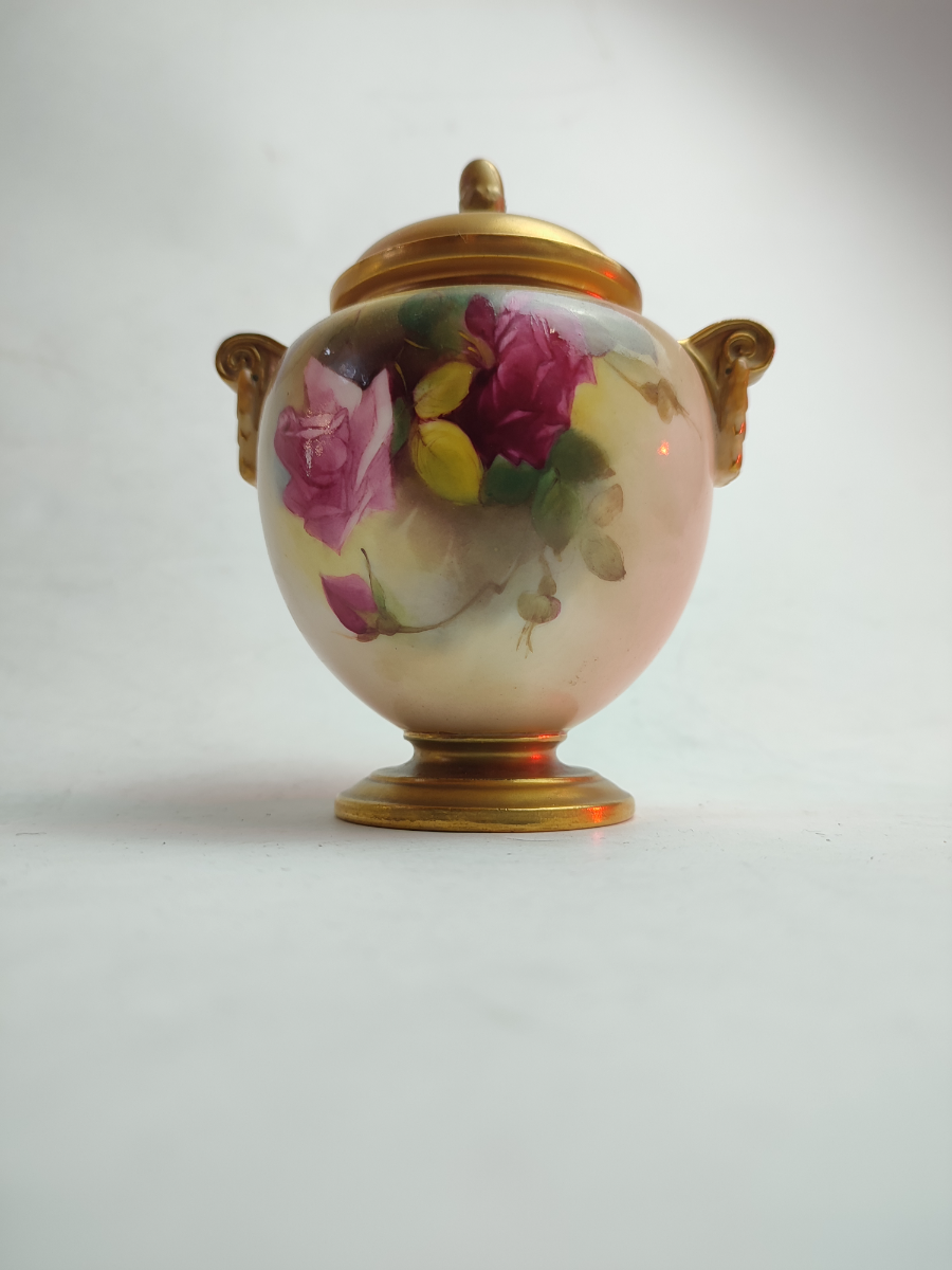Discover antique Royal Worcestershire lidded vases from the early 20th Century. Height 11cm, Kings Crown cypher, in excellent condition. Shop now!