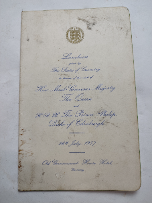 Explore the historic Guernsey lunch menu from 1957 honored by Queen Elizabeth II's visit. Get the unique product at the Old Government House Hotel today!