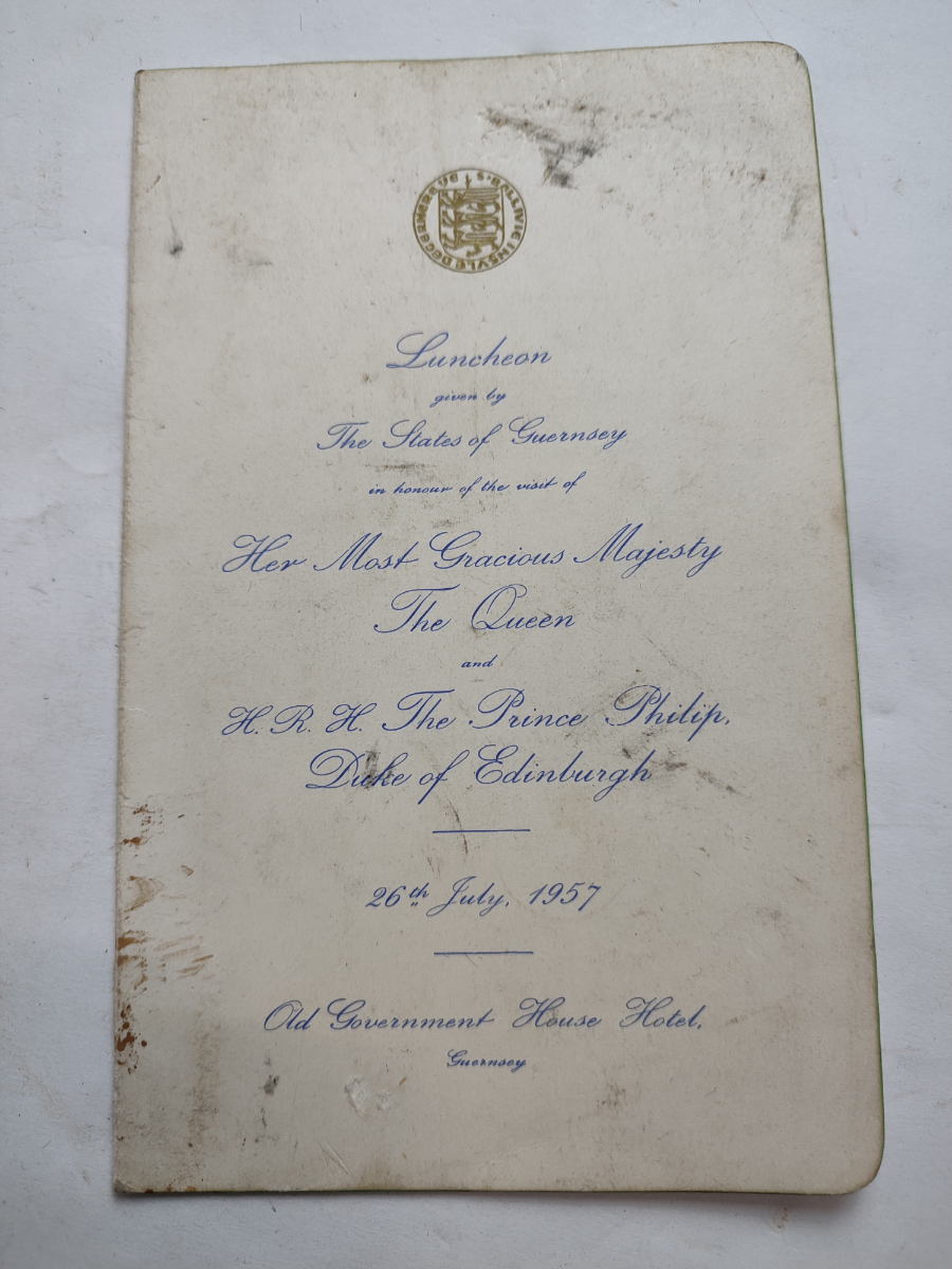 Explore the historic Guernsey lunch menu from 1957 honored by Queen Elizabeth II's visit. Get the unique product at the Old Government House Hotel today!