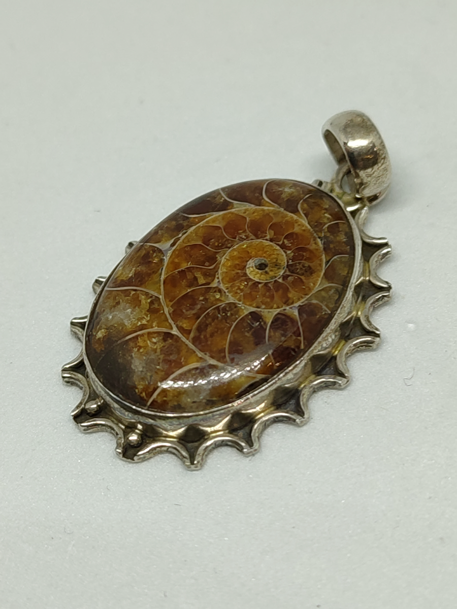 Discover our stunning silver pendant with a unique fossil ammonite. At approx. 3.5cm long, it's an elegant statement. Shop now for this exclusive piece!