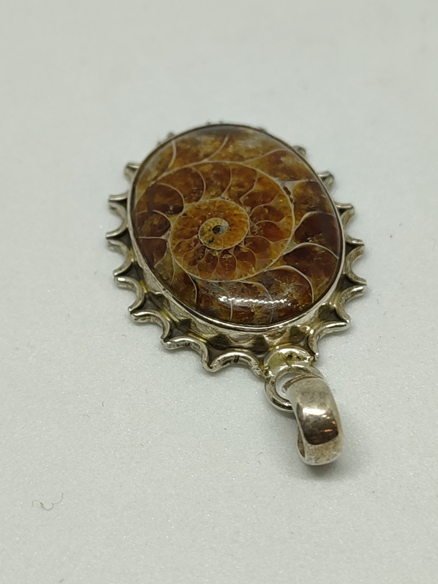 Discover our stunning silver pendant with a unique fossil ammonite. At approx. 3.5cm long, it's an elegant statement. Shop now for this exclusive piece!