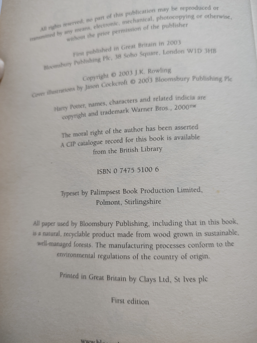 Discover the magic with a 1st Edition copy of Harry Potter and the Order of the Phoenix from 2003. Order now for a nostalgic read!