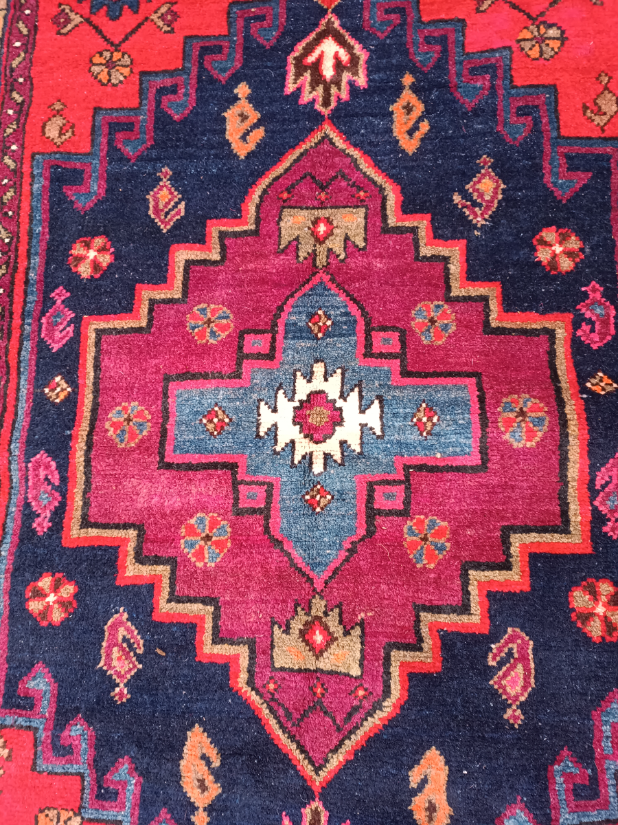 Discover our stunning range of Hamadan Rugs in bold burgundy, blue, and red hues. Perfectly sized at 49 x 79, it features intricate geometric designs and stylized flowers. Shop now and elevate your home decor!