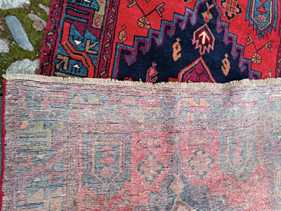 Discover our stunning range of Hamadan Rugs in bold burgundy, blue, and red hues. Perfectly sized at 49 x 79, it features intricate geometric designs and stylized flowers. Shop now and elevate your home decor!
