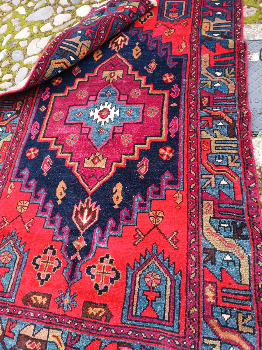 Discover our stunning range of Hamadan Rugs in bold burgundy, blue, and red hues. Perfectly sized at 49 x 79, it features intricate geometric designs and stylized flowers. Shop now and elevate your home decor!