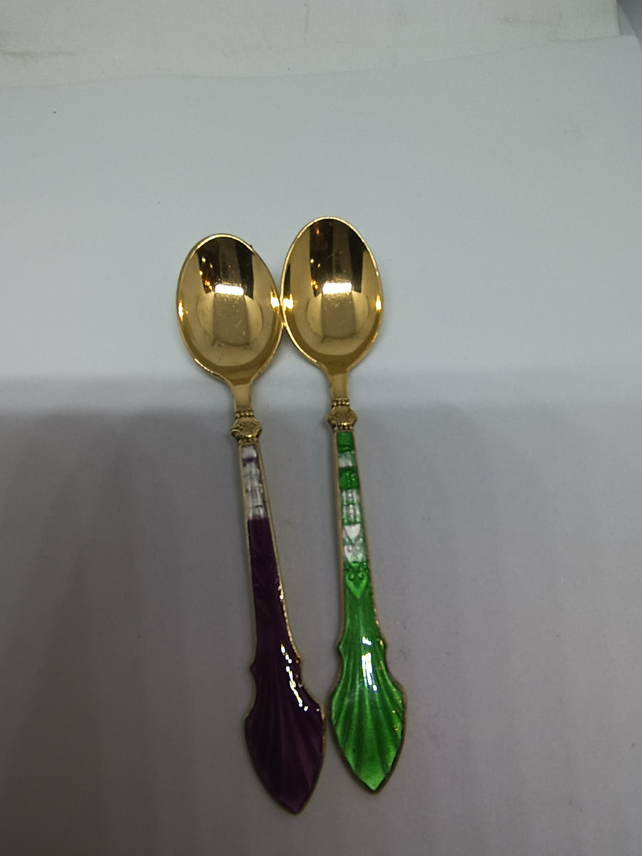 Explore our Meka sterling silver enamel Spoon set straight from Copenhagen, Denmark. Order now and treasure the renowned enamel designs despite minor imperfections. Hurry!