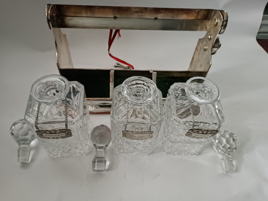 Edwardian Three Silver Plated Tantalus With Key