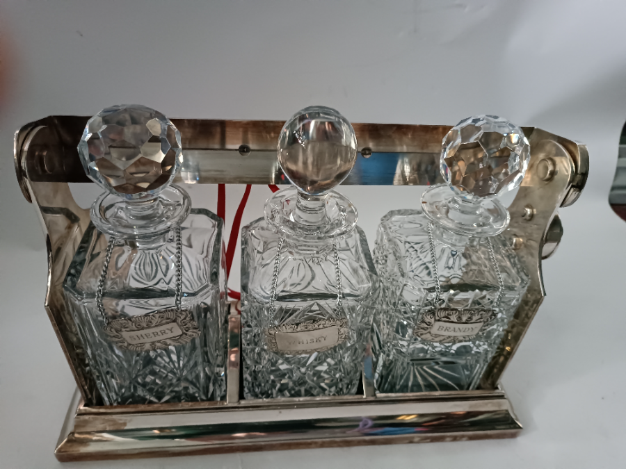 Edwardian Three Silver Plated Tantalus With Key