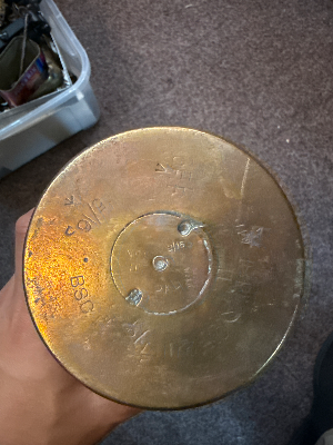 A 18 pounder artillery shrapnel round dated May 1916. Total length 57cm.