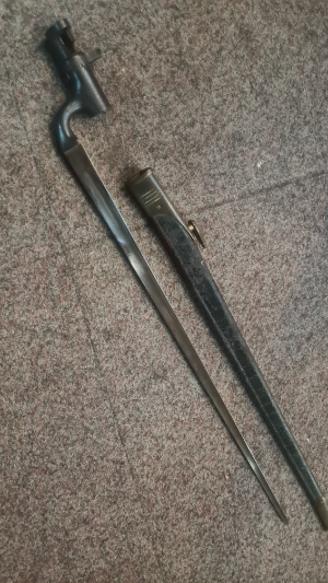 1900 dated Martini Enfield bayonet. WD marked, inspected by Enfield. With scabbard.