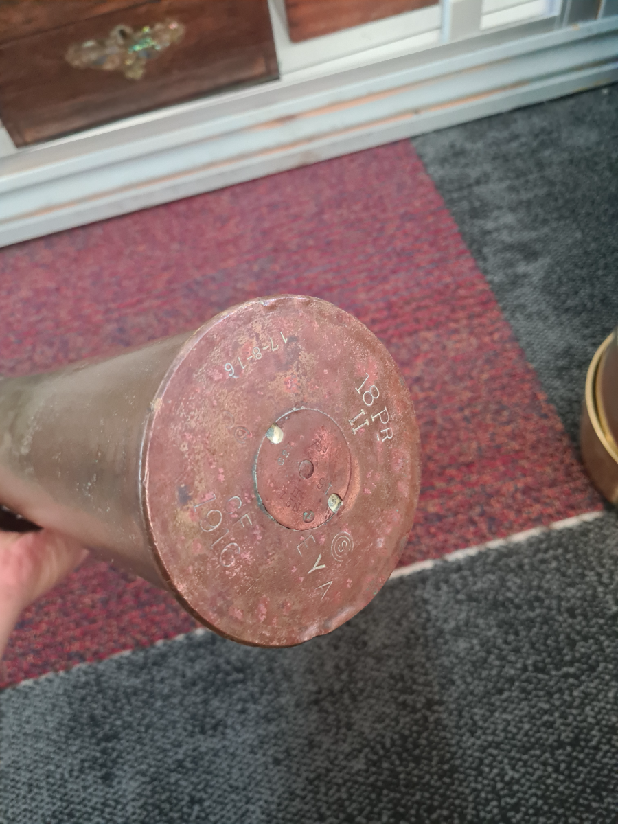Discover our selection of 1916-dated 18-pounder inert artillery shells and casings. High quality, historical artifacts. Shop now to add to your collection!