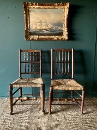 2 x Antique Pair 18thC Rail Back Rush Seat Dining Chairs Very Sturdy Good Patina