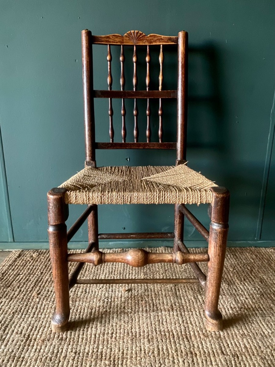 2 x Antique Pair 18thC Rail Back Rush Seat Dining Chairs Very Sturdy Good Patina
