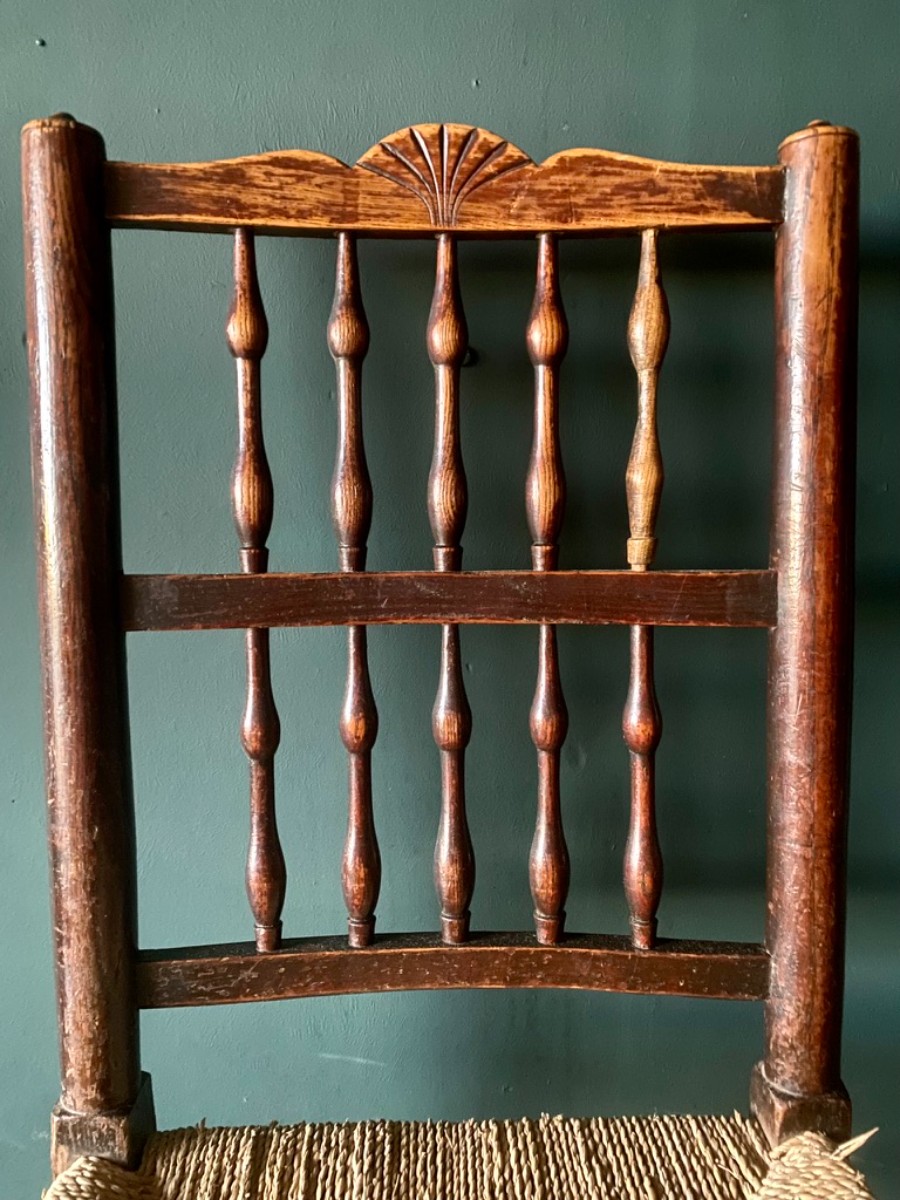 2 x Antique Pair 18thC Rail Back Rush Seat Dining Chairs Very Sturdy Good Patina