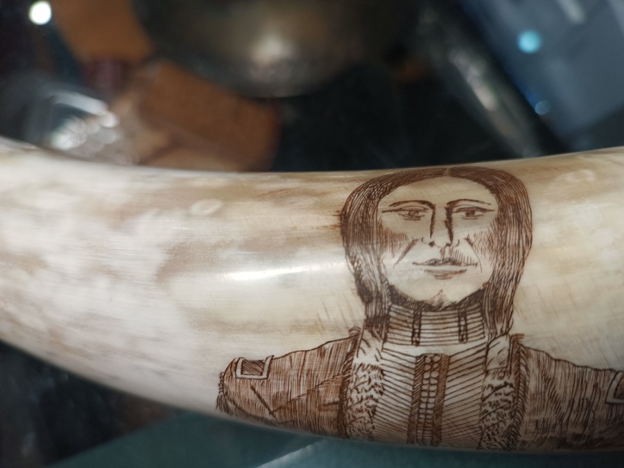 Discover unique 20th century Scrimshaw art at our store! This vintage bison hunting scene is a perfect addition to any collection. Admire its fine detail. Shop now!