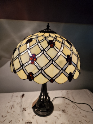 Vintage Art Nouveau Table Lamp With Cream Tiffany Style Shade With Silver And Amber Decoration