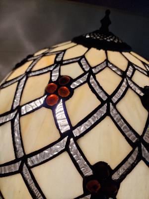 Vintage Art Nouveau Table Lamp With Cream Tiffany Style Shade With Silver And Amber Decoration