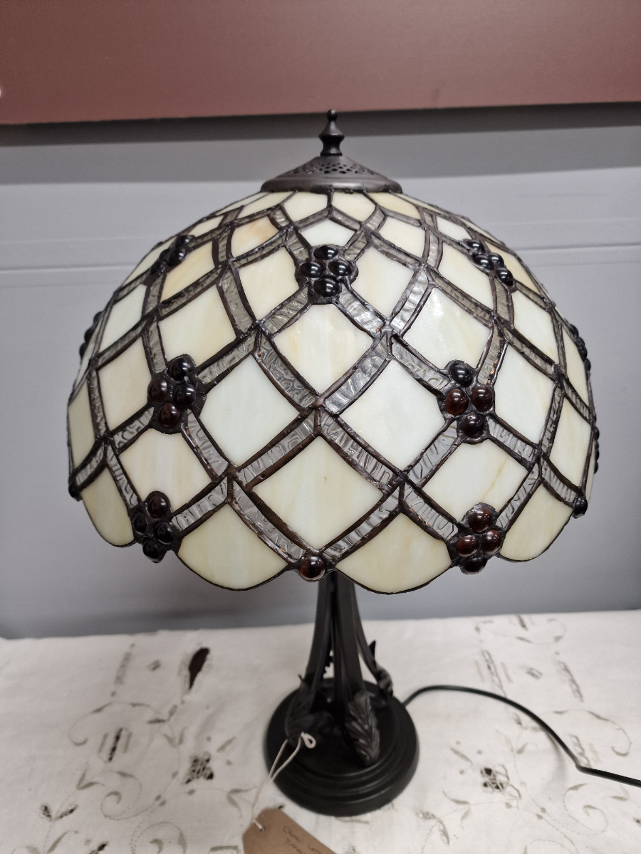 Vintage Art Nouveau Table Lamp With Cream Tiffany Style Shade With Silver And Amber Decoration
