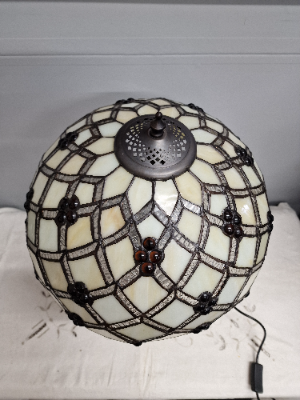 Vintage Art Nouveau Table Lamp With Cream Tiffany Style Shade With Silver And Amber Decoration