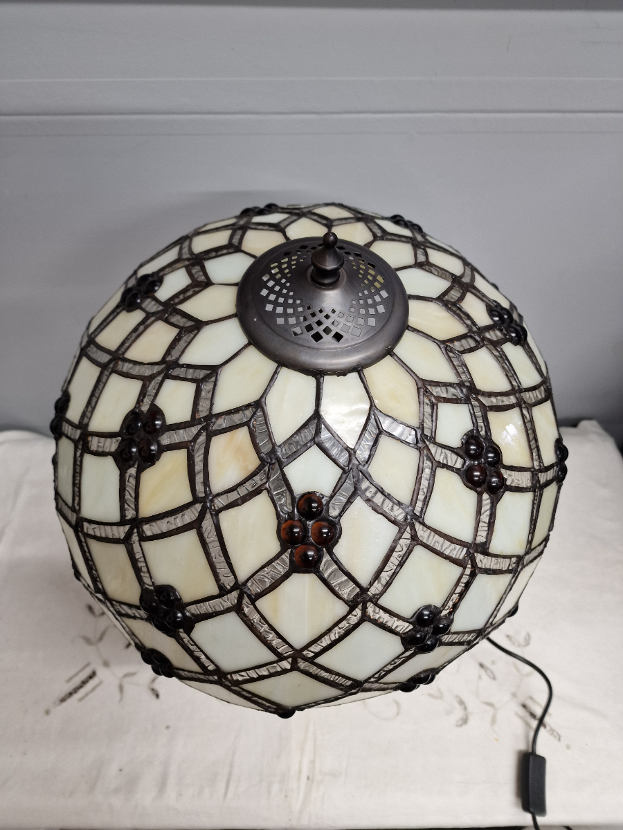 Vintage Art Nouveau Table Lamp With Cream Tiffany Style Shade With Silver And Amber Decoration