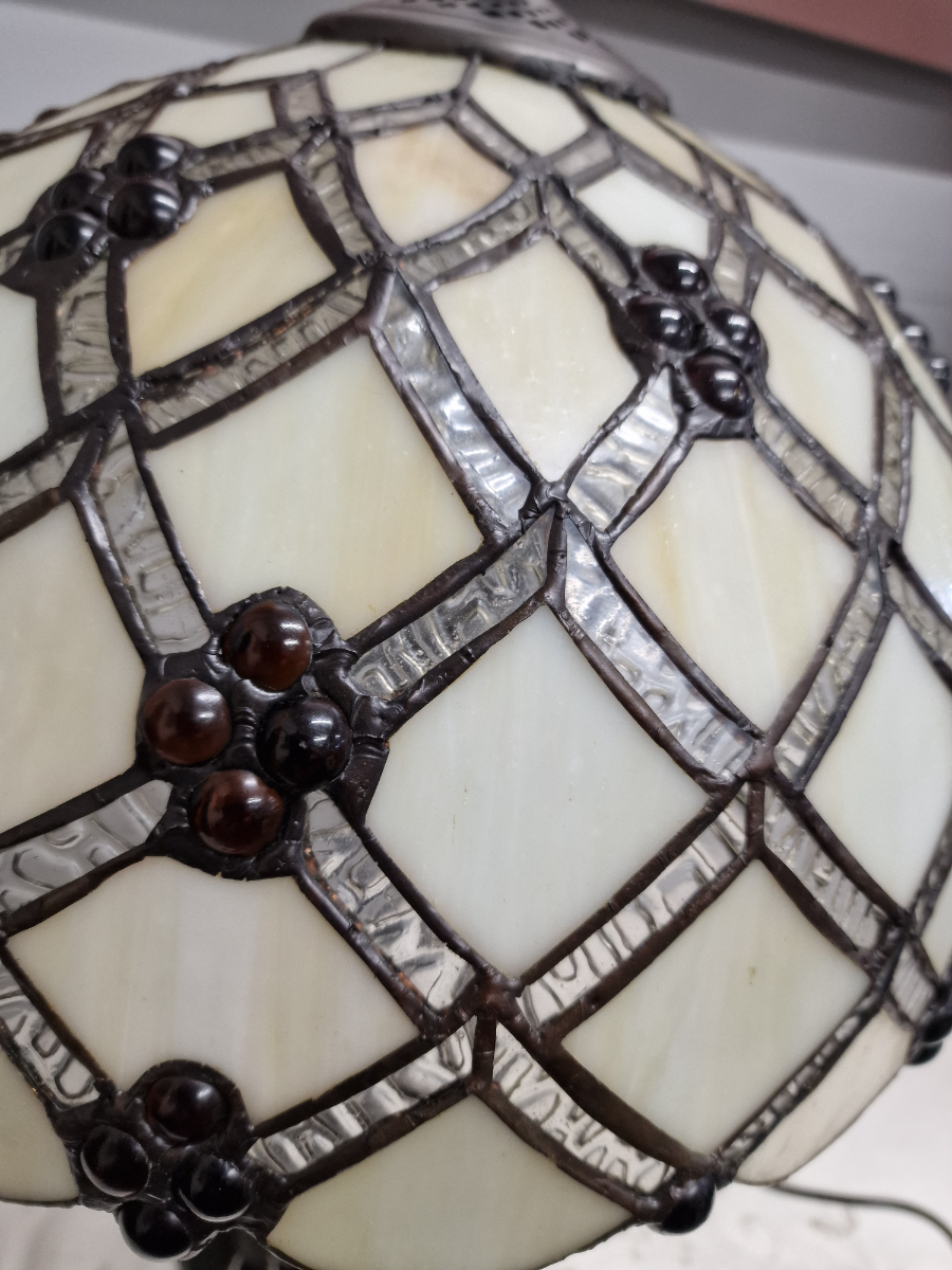 Vintage Art Nouveau Table Lamp With Cream Tiffany Style Shade With Silver And Amber Decoration
