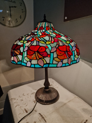 Vintage Art Nouveau Table Lamp With Floral Blue Tiffany Style Shade