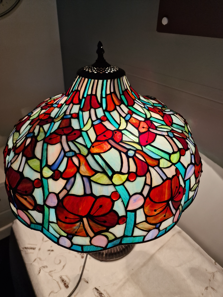 Vintage Art Nouveau Table Lamp With Floral Blue Tiffany Style Shade