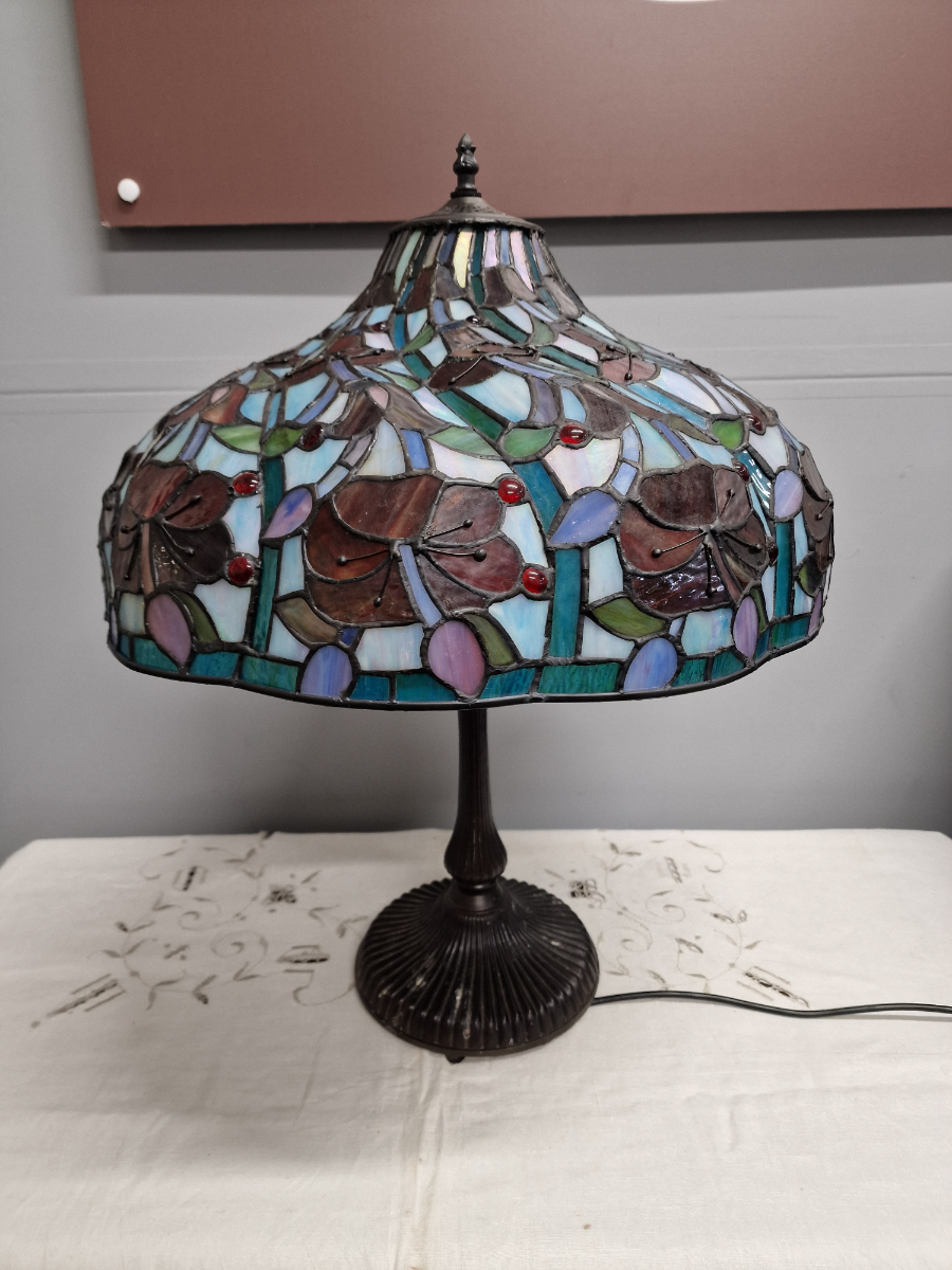 Vintage Art Nouveau Table Lamp With Floral Blue Tiffany Style Shade