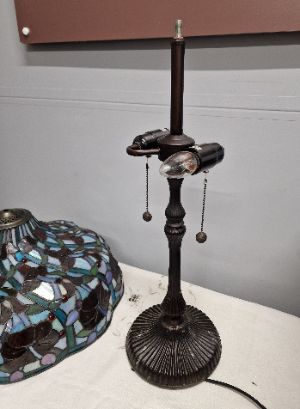 Vintage Art Nouveau Table Lamp With Floral Blue Tiffany Style Shade