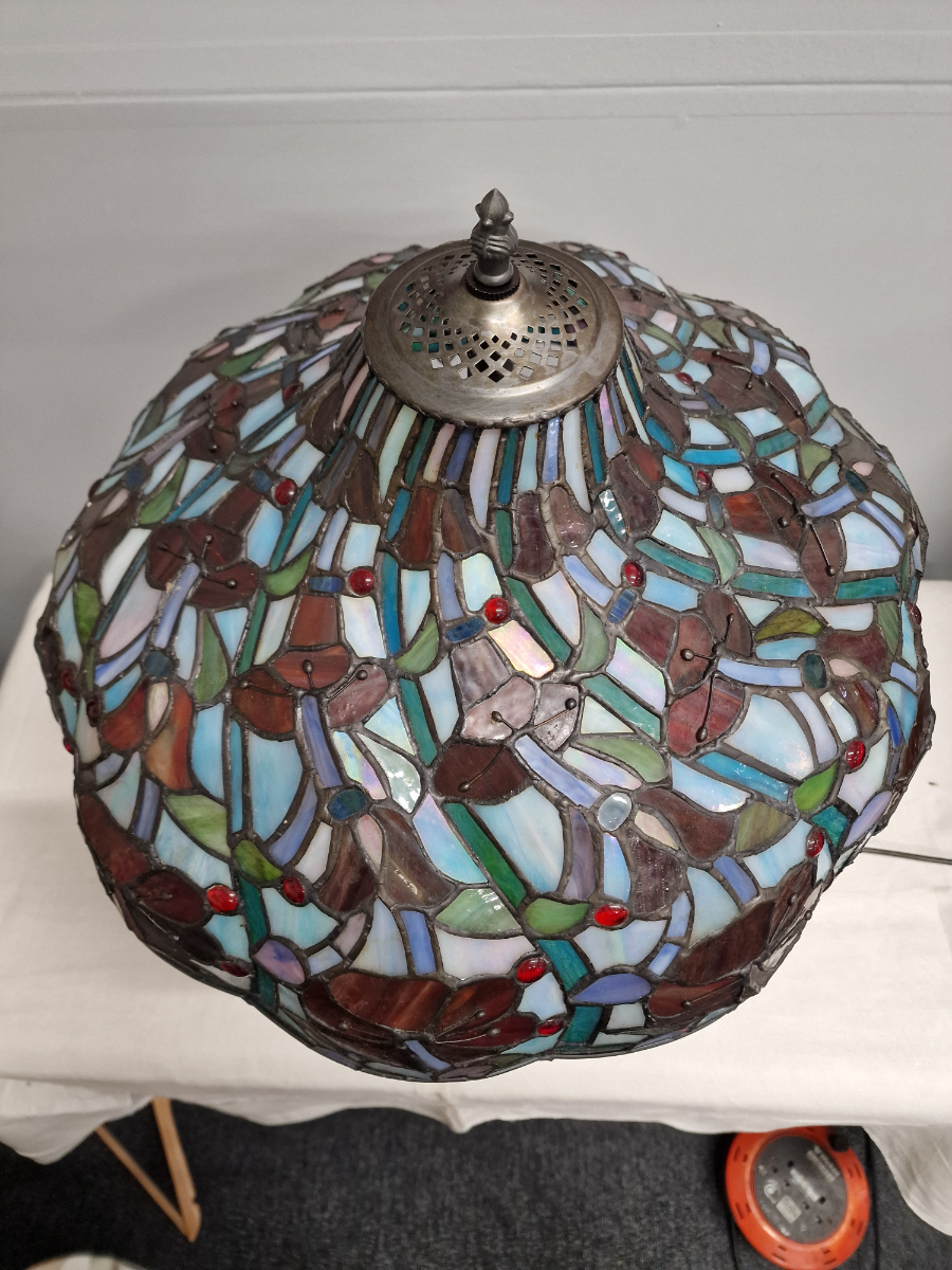 Vintage Art Nouveau Table Lamp With Floral Blue Tiffany Style Shade