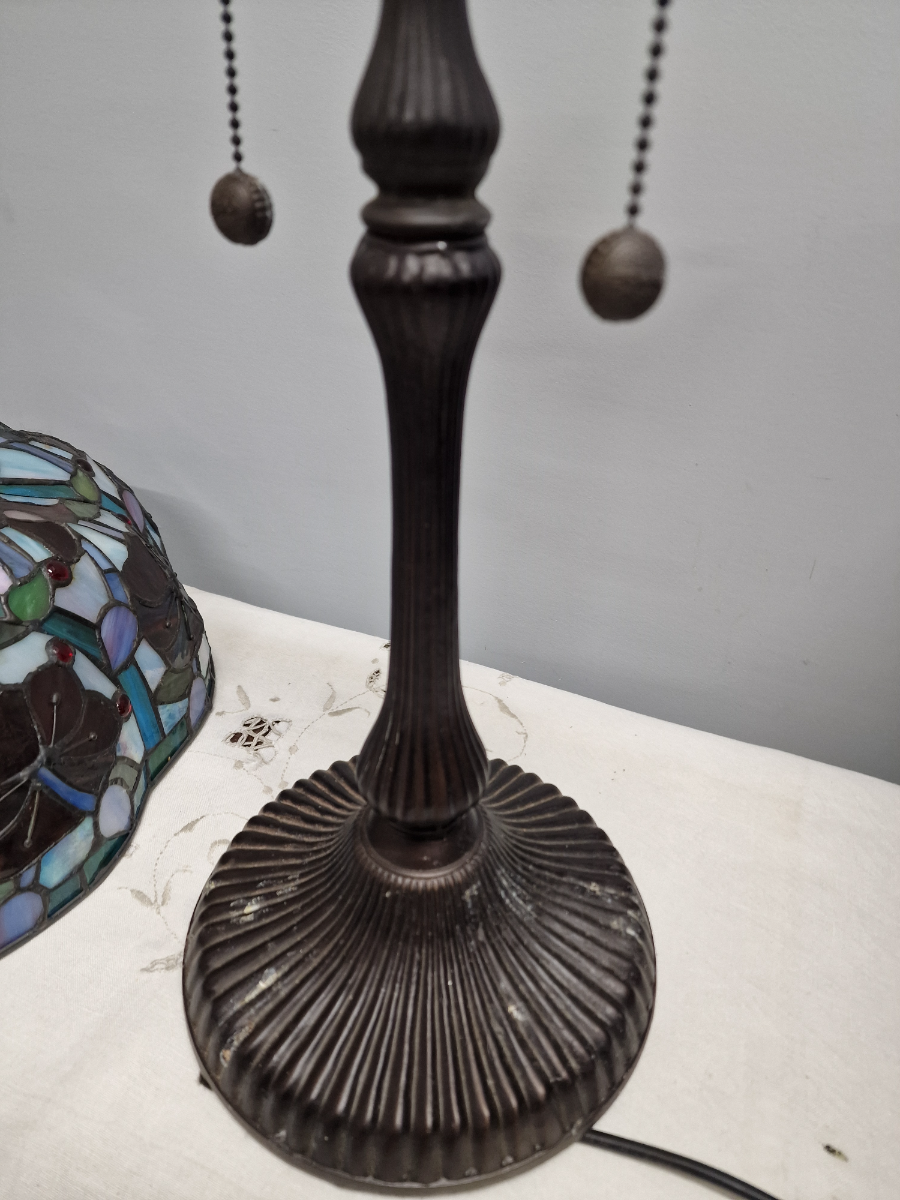 Vintage Art Nouveau Table Lamp With Floral Blue Tiffany Style Shade
