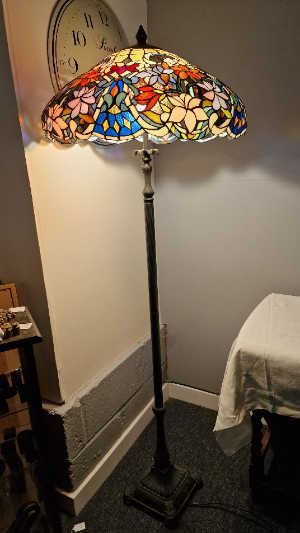 Vintage Art Nouveau Table Lamp With Floral Blue Tiffany Style Shade