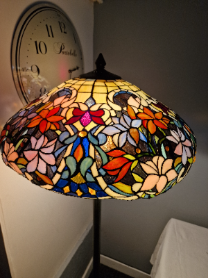 Vintage Art Nouveau Table Lamp With Floral Blue Tiffany Style Shade