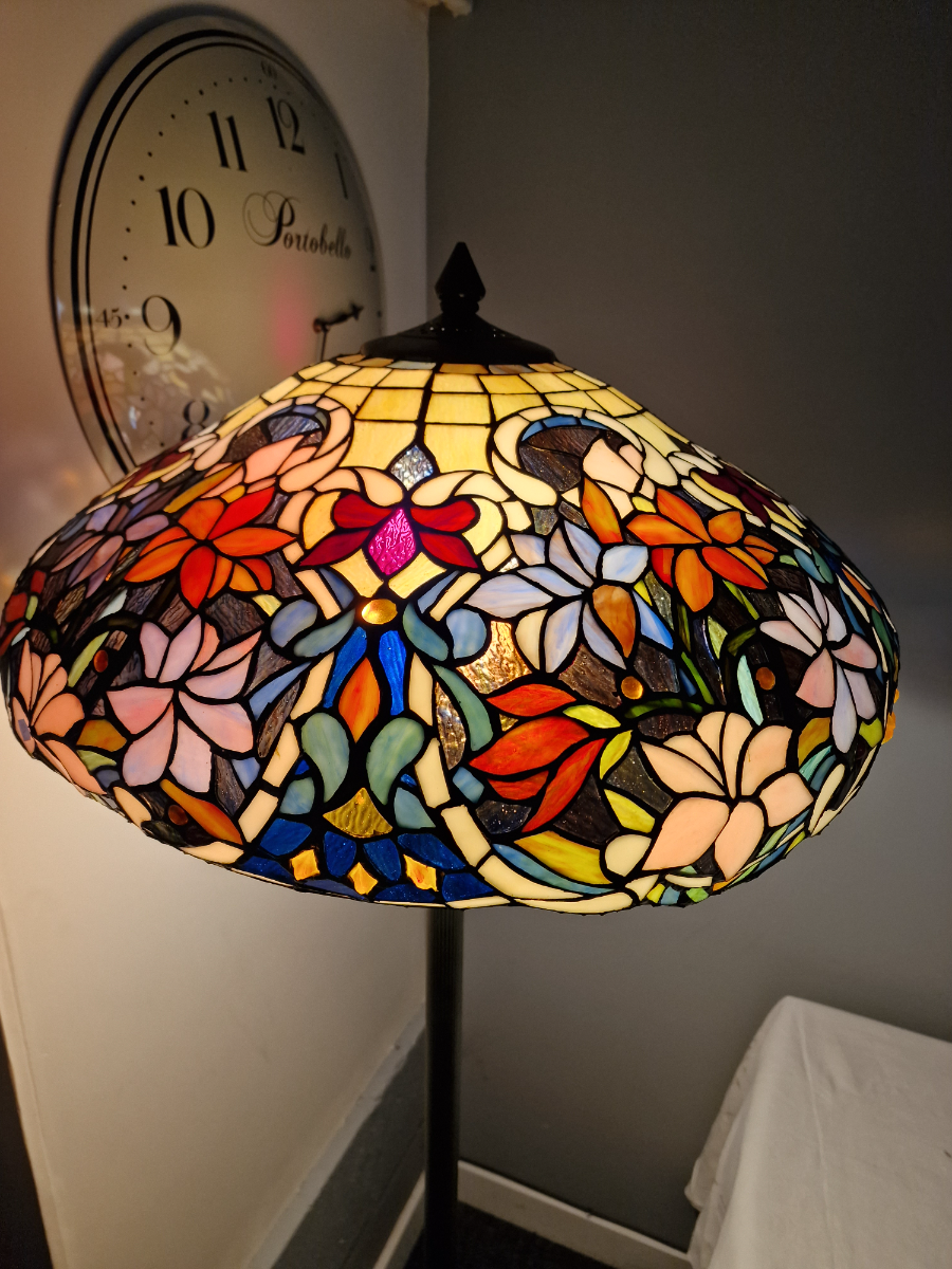 Vintage Art Nouveau Table Lamp With Floral Blue Tiffany Style Shade