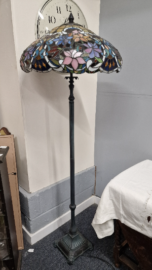Vintage Art Nouveau Table Lamp With Floral Blue Tiffany Style Shade