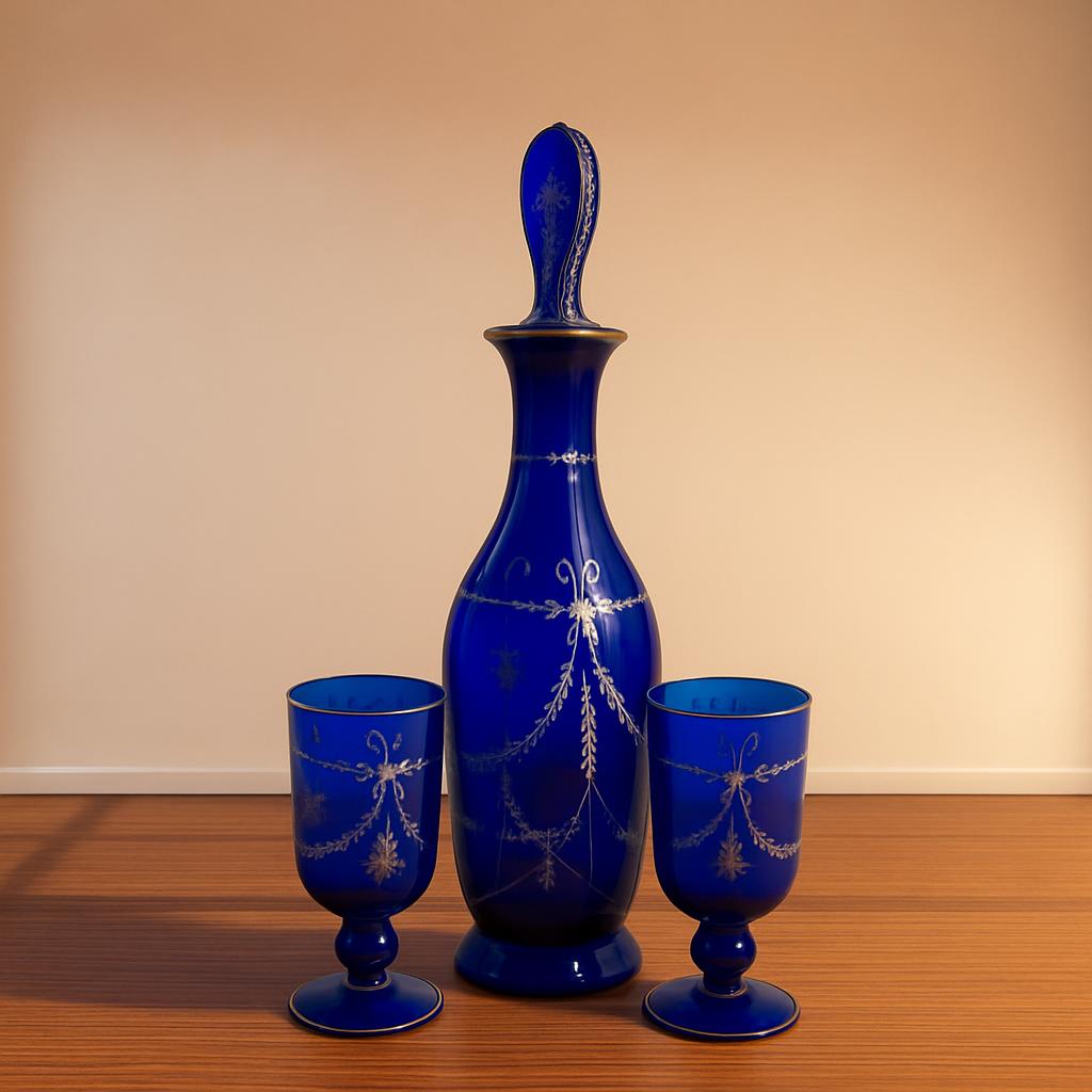 Bohemian Blue Blue Glass Decanter and Drinking Glasses