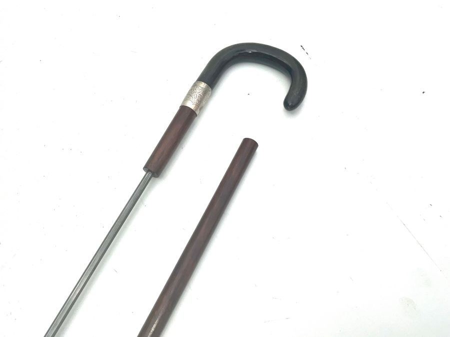 Gentleman’s Walking Stick Sword Stick With Horn Handle & Silver Collar