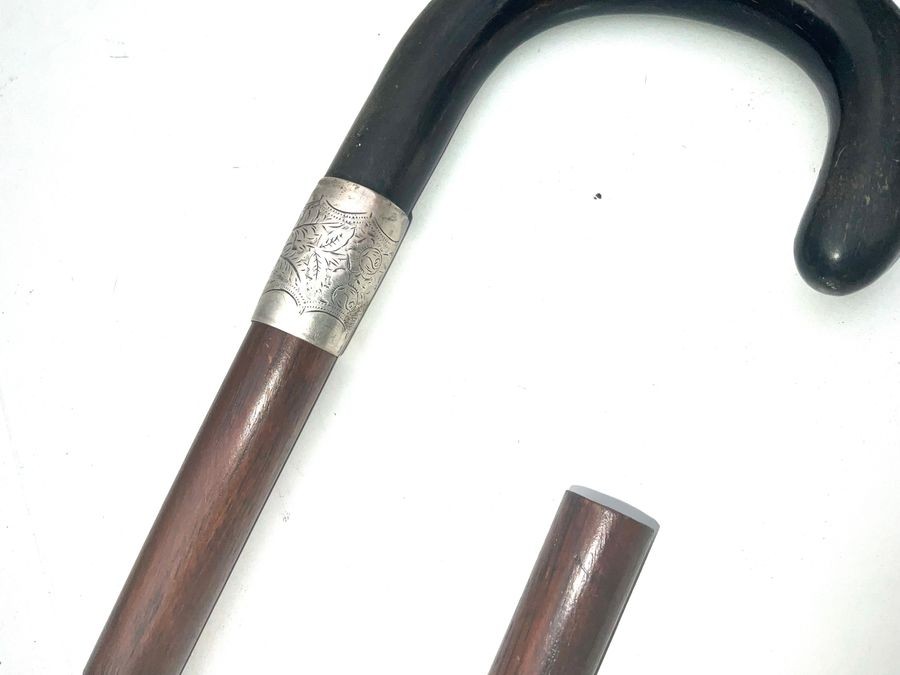 Gentleman’s Walking Stick Sword Stick With Horn Handle & Silver Collar